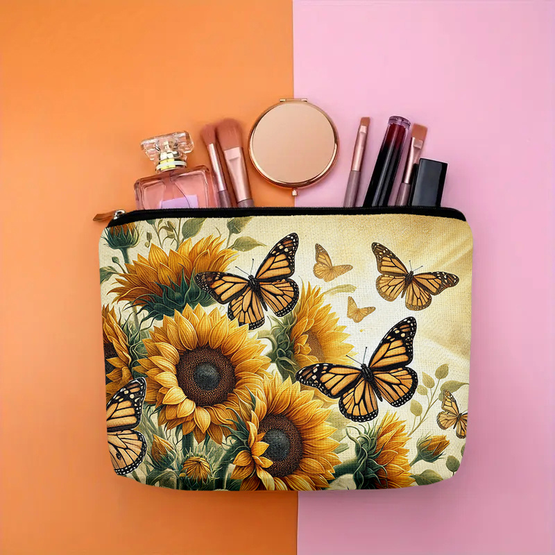 Women Bags Zip - A Sunflower and butterfly makeup bag